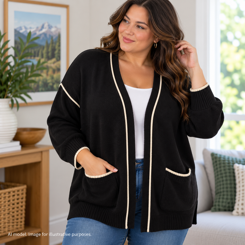 Cabi Sweater Womens Large Black Comfort Cardigan Contrast Trim Library Letterman